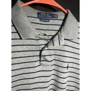 Polo Ralph Lauren Polo Shirt Mens Medium Gray Navy Striped Pima Soft Touch Pony